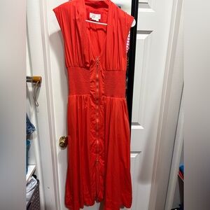 Anthropologie The Tommie Cap-Sleeve Smocked Front-Zip Midi Shirt Dress